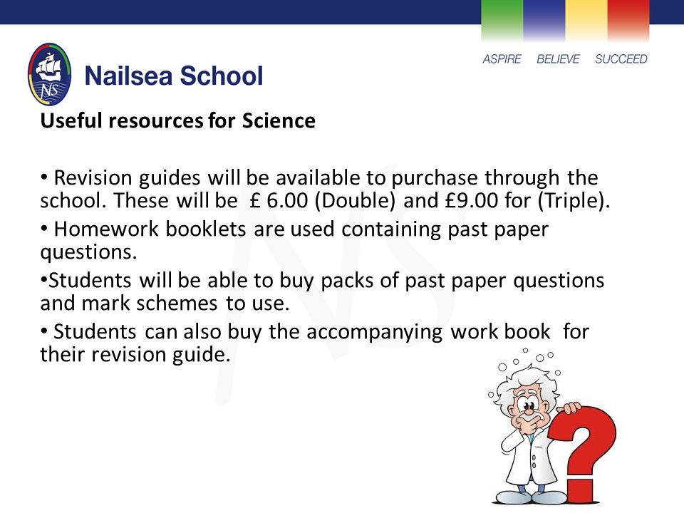 Useful resources for Science Revision guides will be available to purchase through the school.