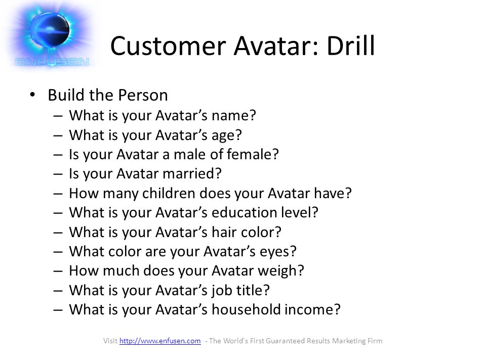 Customer Avatar: Drill Build the Person – What is your Avatar’s name.