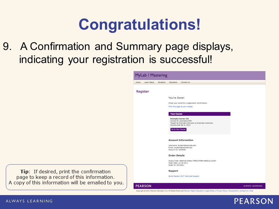 9. A Confirmation and Summary page displays, indicating your registration is successful.