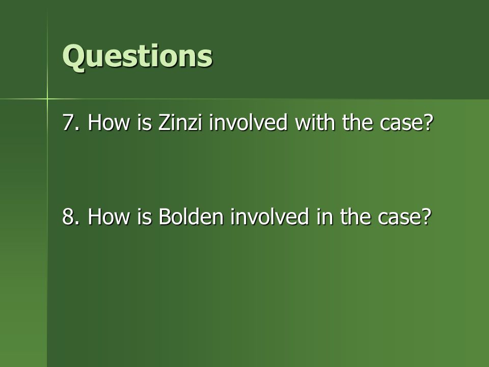Questions 7. How is Zinzi involved with the case 8. How is Bolden involved in the case