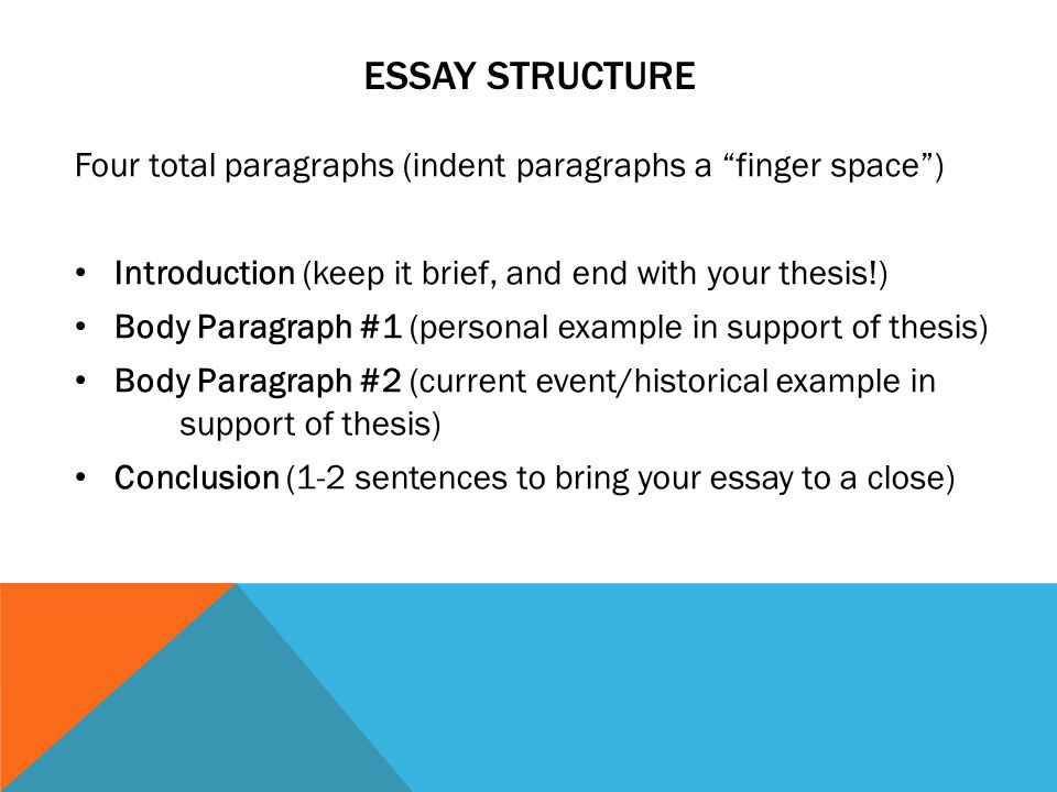 ESSAY STRUCTURE Four total paragraphs (indent paragraphs a finger space ) Introduction (keep it brief, and end with your thesis!) Body Paragraph #1 (personal example in support of thesis) Body Paragraph #2 (current event/historical example in support of thesis) Conclusion (1-2 sentences to bring your essay to a close)