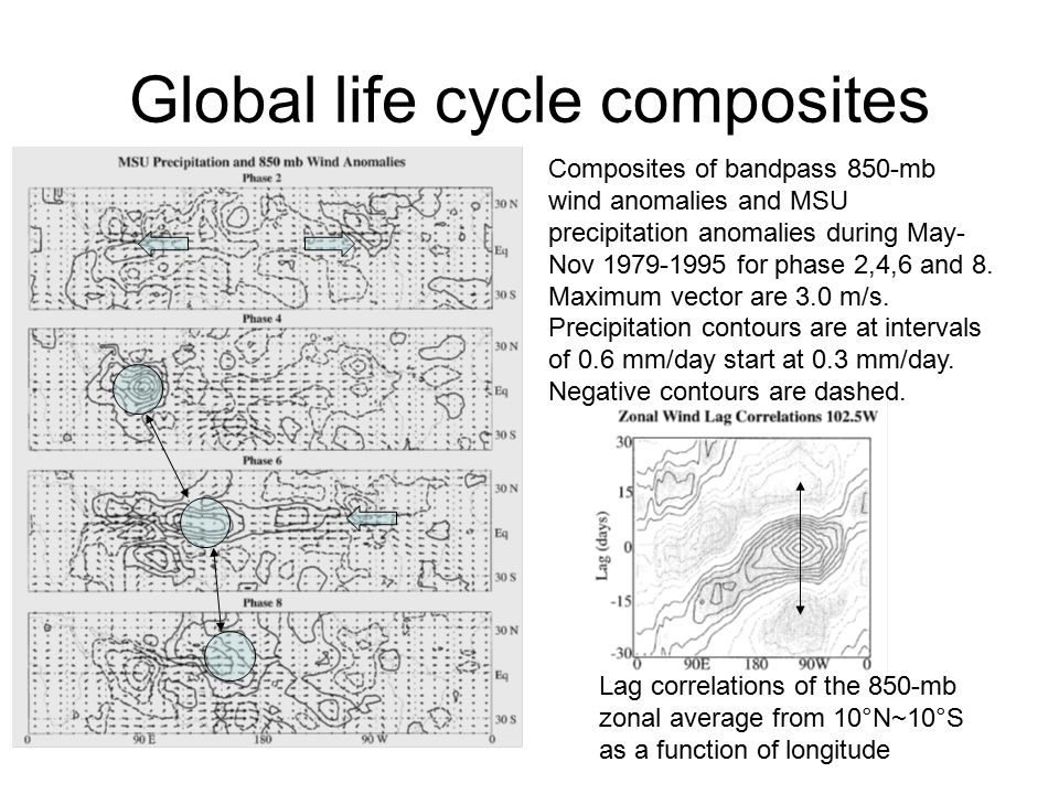 Global life cycle composites Lag correlations of the 850-mb zonal average from 10°N~10°S as a function of longitude Composites of bandpass 850-mb wind anomalies and MSU precipitation anomalies during May- Nov for phase 2,4,6 and 8.