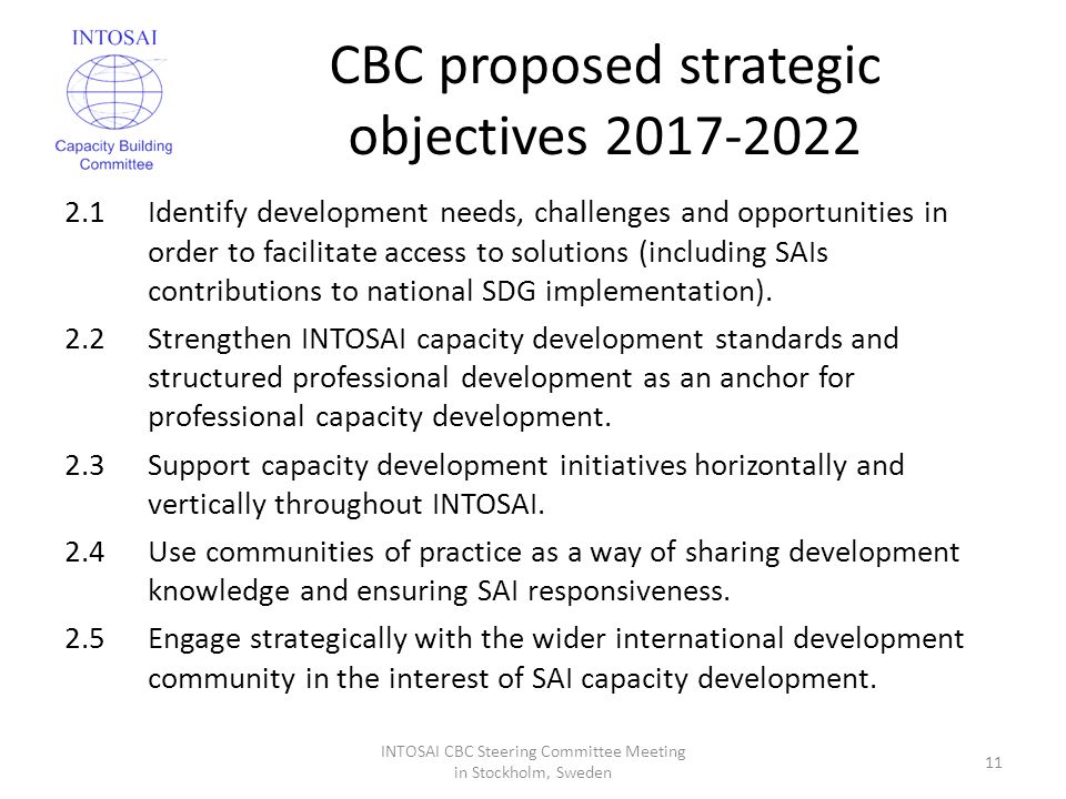CBC proposed strategic objectives Identify development needs, challenges and opportunities in order to facilitate access to solutions (including SAIs contributions to national SDG implementation).
