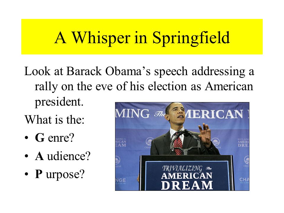 A Whisper in Springfield Look at Barack Obama’s speech addressing a rally on the eve of his election as American president.