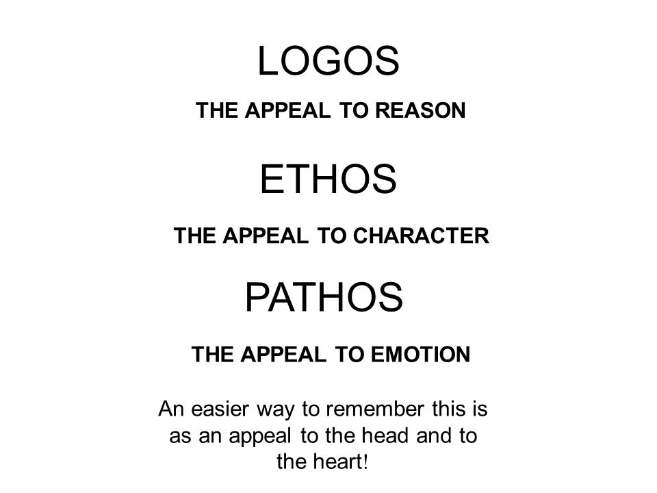 LOGOS ETHOS PATHOS THE APPEAL TO REASON THE APPEAL TO CHARACTER THE APPEAL TO EMOTION An easier way to remember this is as an appeal to the head and to the heart !