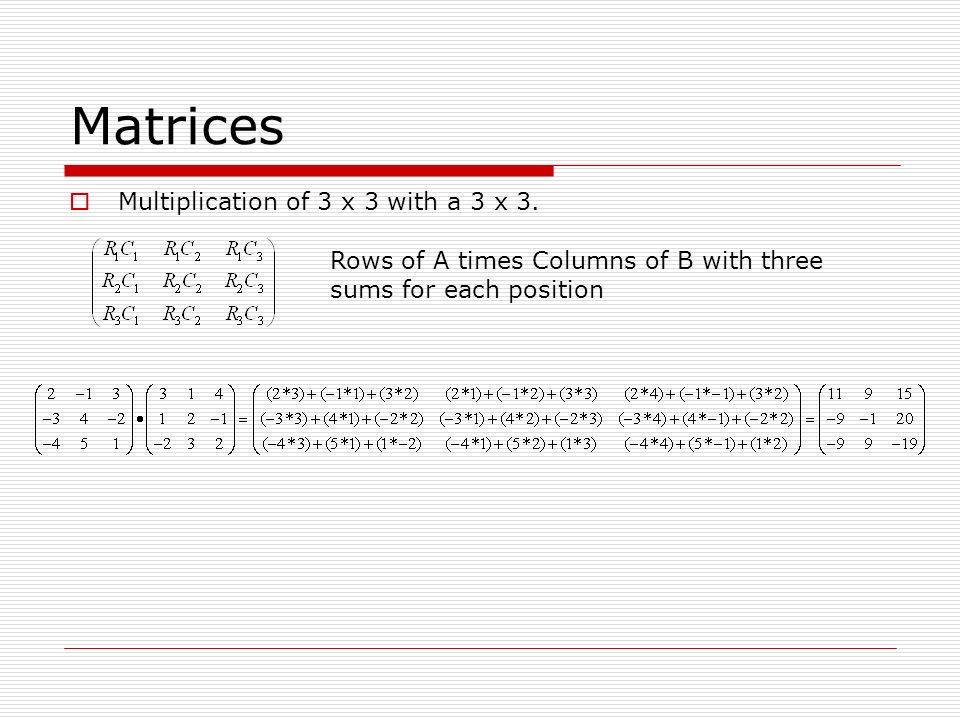 Matrices  Multiplication of 3 x 3 with a 3 x 3.