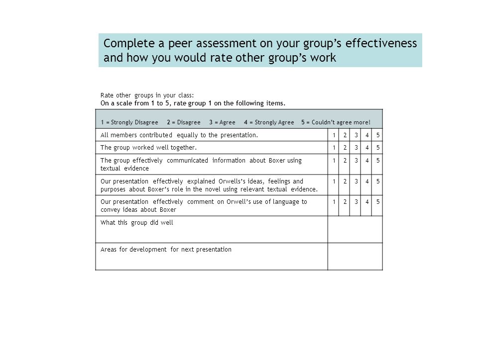 Rate other groups in your class: On a scale from 1 to 5, rate group 1 on the following items.
