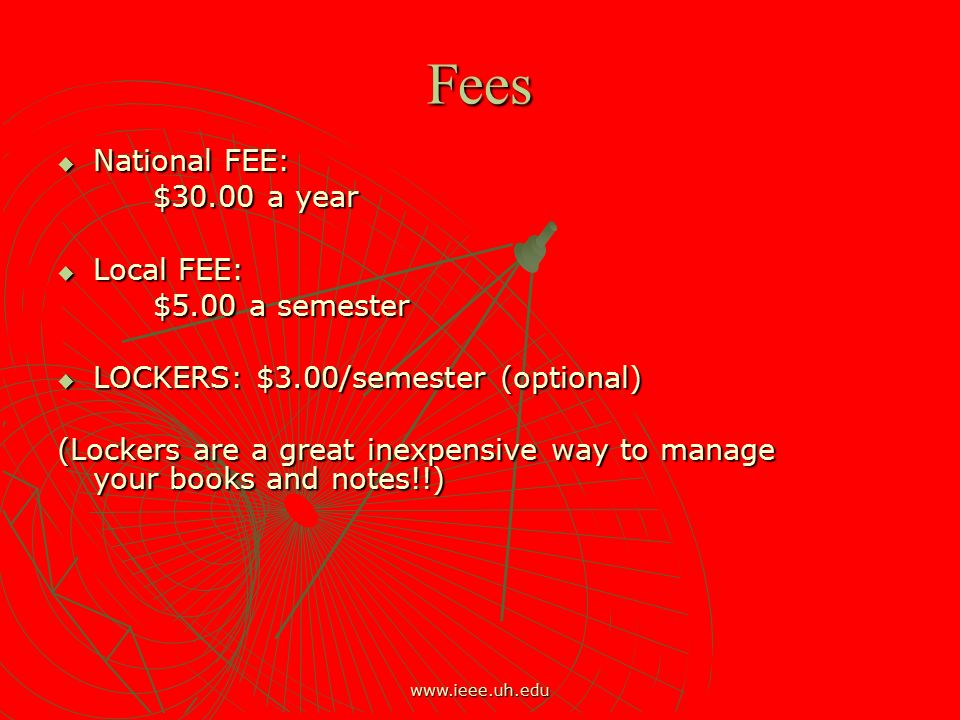 Fees  National FEE: $30.00 a year  Local FEE: $5.00 a semester  LOCKERS: $3.00/semester (optional) (Lockers are a great inexpensive way to manage your books and notes!!)