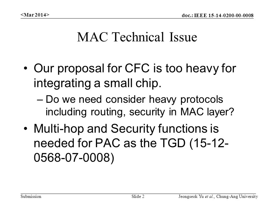 doc.: IEEE Submission MAC Technical Issue Our proposal for CFC is too heavy for integrating a small chip.