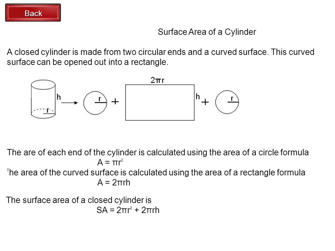 Back Surface Area of a Cylinder A closed cylinder is made from two circular ends and a curved surface.