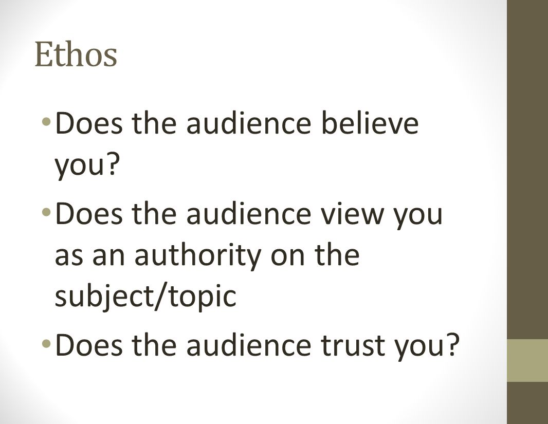 Ethos Does the audience believe you.