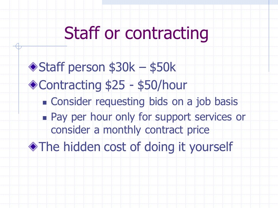 Staff or contracting Staff person $30k – $50k Contracting $25 - $50/hour Consider requesting bids on a job basis Pay per hour only for support services or consider a monthly contract price The hidden cost of doing it yourself