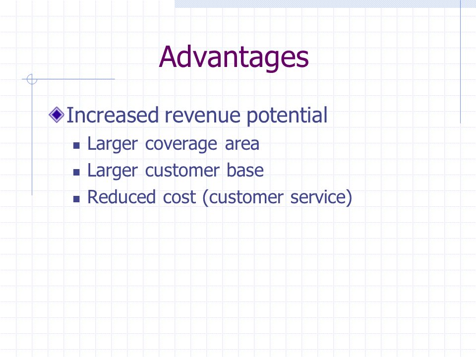Advantages Increased revenue potential Larger coverage area Larger customer base Reduced cost (customer service)