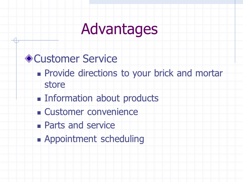 Advantages Customer Service Provide directions to your brick and mortar store Information about products Customer convenience Parts and service Appointment scheduling