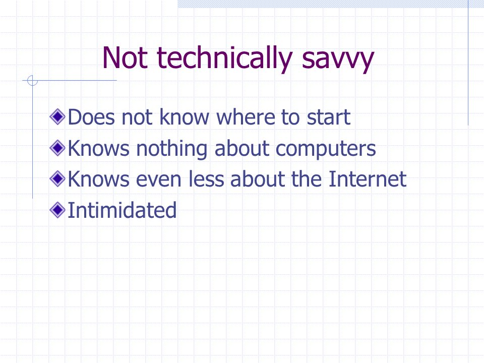 Not technically savvy Does not know where to start Knows nothing about computers Knows even less about the Internet Intimidated