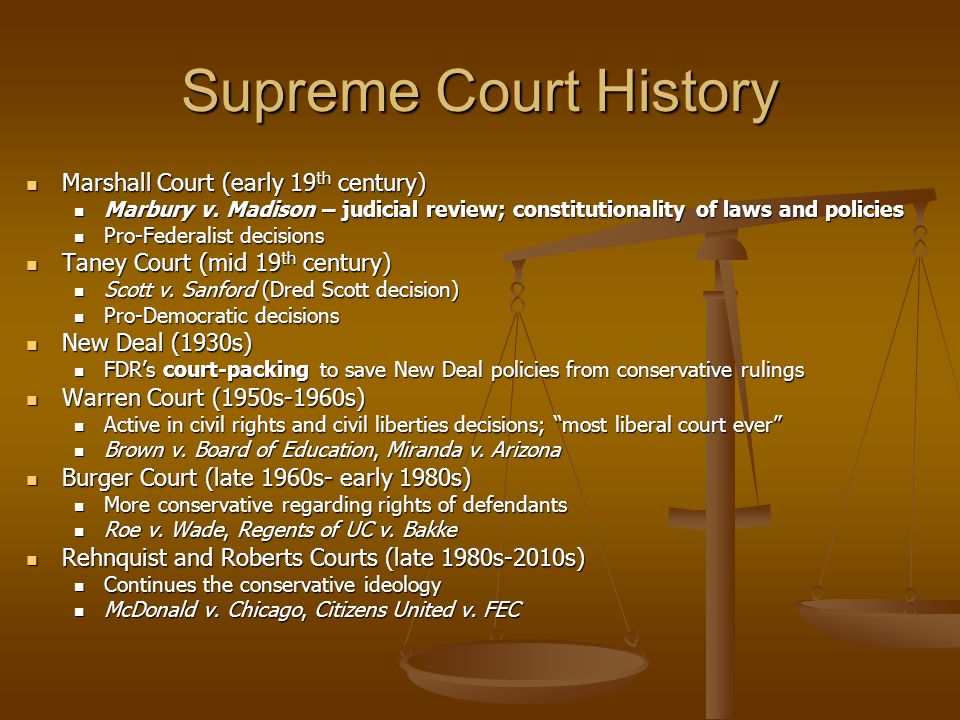 Supreme Court History Marshall Court (early 19 th century) Marshall Court (early 19 th century) Marbury v.
