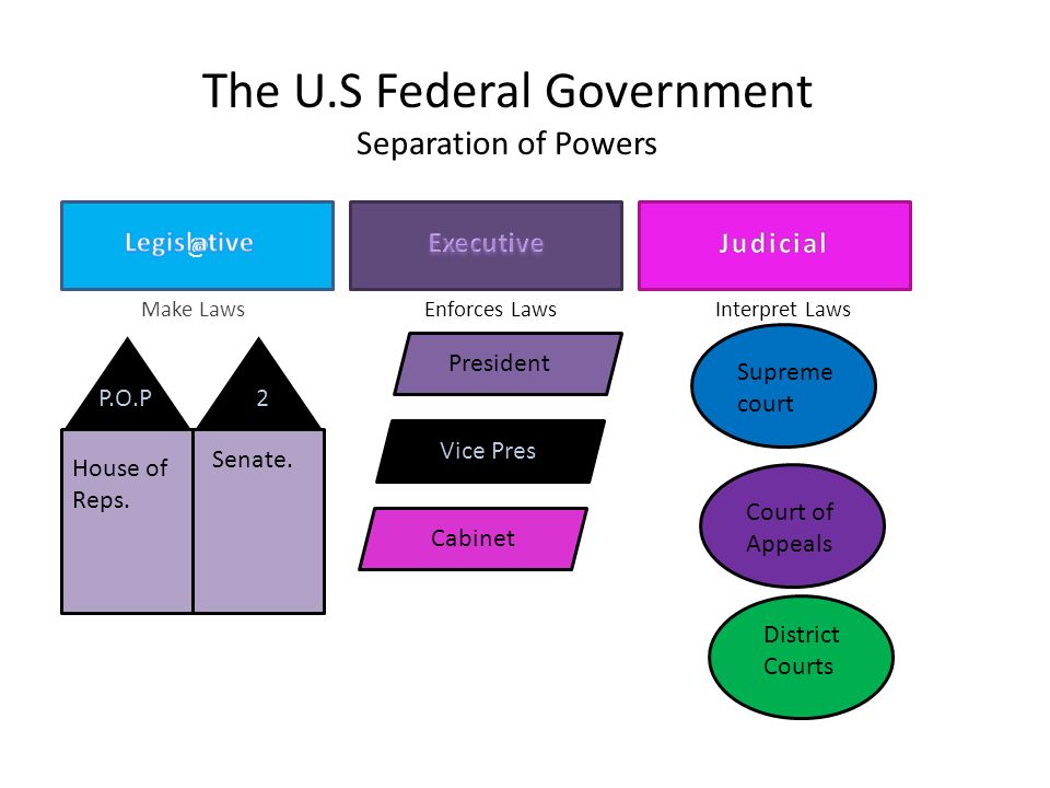 The U.S Federal Government Separation of Make LawsEnforces LawsInterpret Laws Senate.
