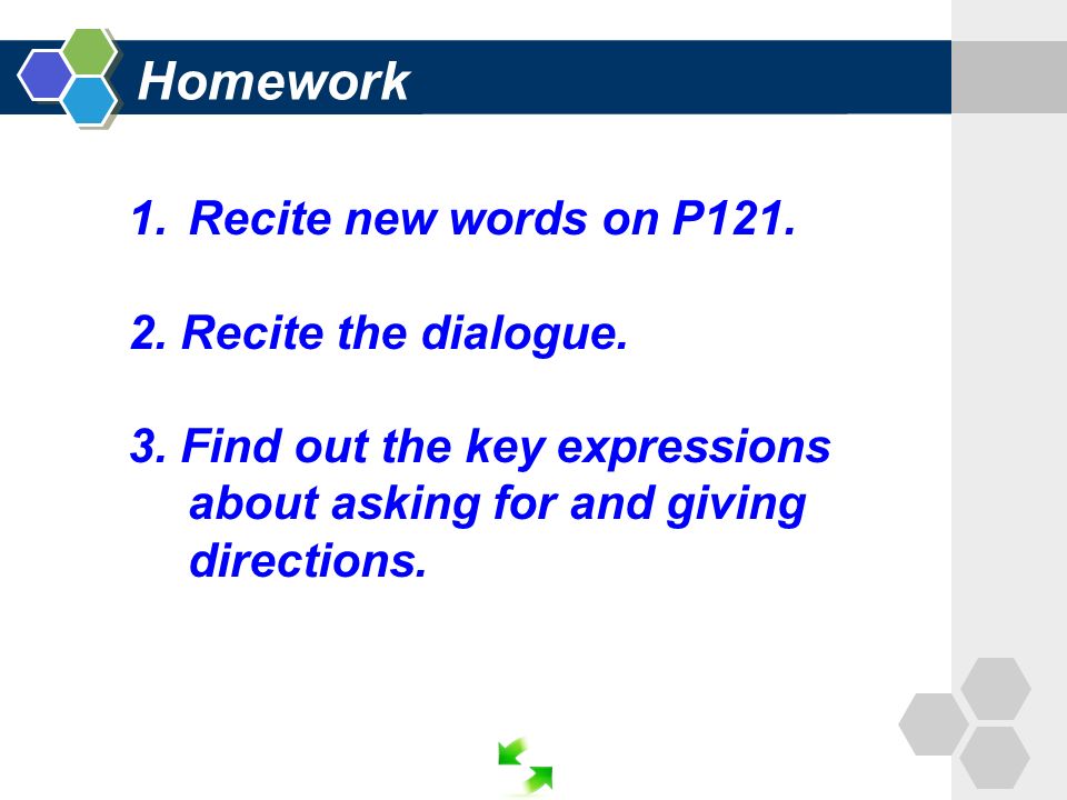 1.Recite new words on P Recite the dialogue.