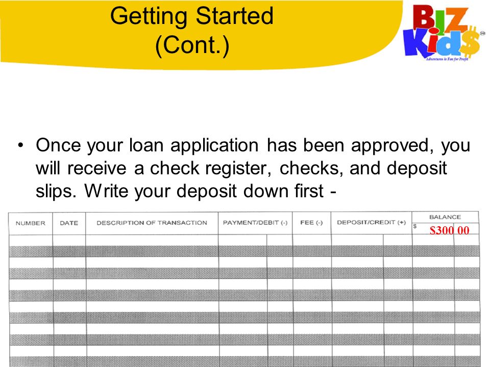 Getting Started (Cont.) Once your loan application has been approved, you will receive a check register, checks, and deposit slips.