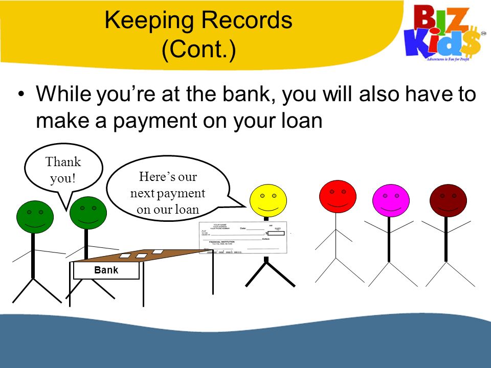 Keeping Records (Cont.) While you’re at the bank, you will also have to make a payment on your loan Bank Here’s our next payment on our loan Thank you!