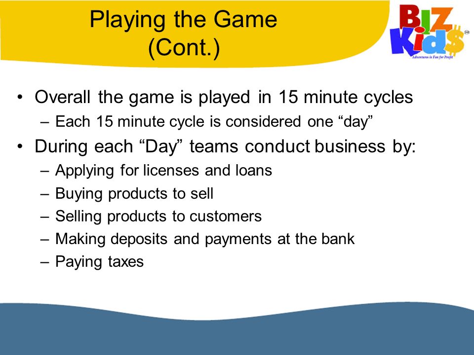 Playing the Game (Cont.) Overall the game is played in 15 minute cycles –Each 15 minute cycle is considered one day During each Day teams conduct business by: –Applying for licenses and loans –Buying products to sell –Selling products to customers –Making deposits and payments at the bank –Paying taxes