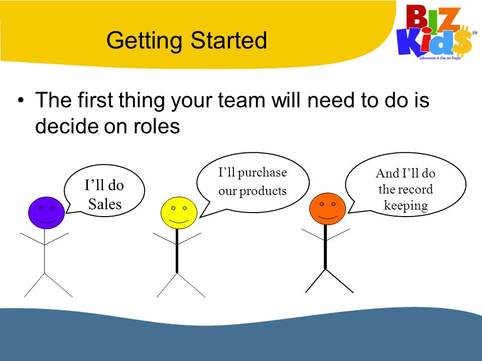 The first thing your team will need to do is decide on roles I’ll do Sales And I’ll do the record keeping I’ll purchase our products