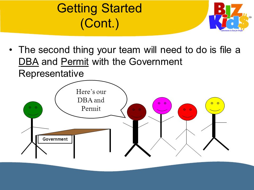 Getting Started (Cont.) The second thing your team will need to do is file a DBA and Permit with the Government Representative Here’s our DBA and Permit Government