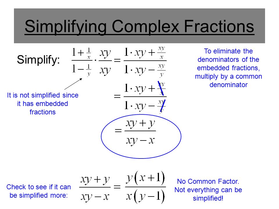 Simplifying Complex Fractions Simplify: It is not simplified since it has embedded fractions To eliminate the denominators of the embedded fractions, multiply by a common denominator Check to see if it can be simplified more: No Common Factor.