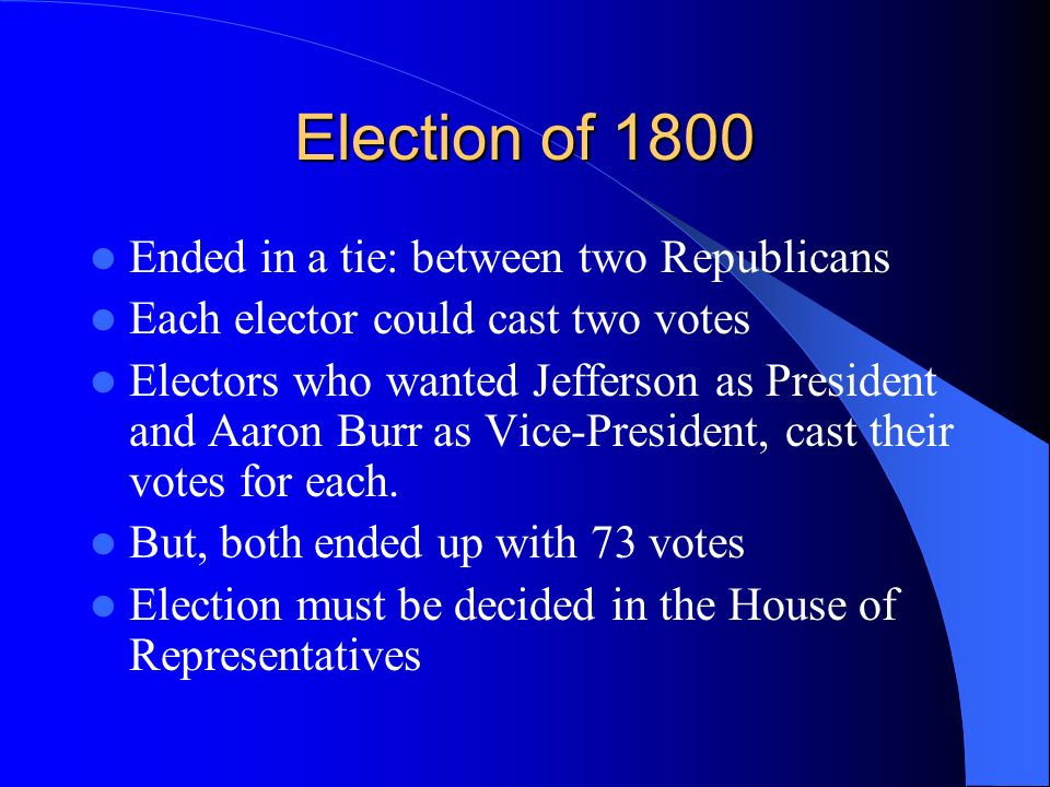Election of 1800 Ended in a tie: between two Republicans Each elector could cast two votes Electors who wanted Jefferson as President and Aaron Burr as Vice-President, cast their votes for each.