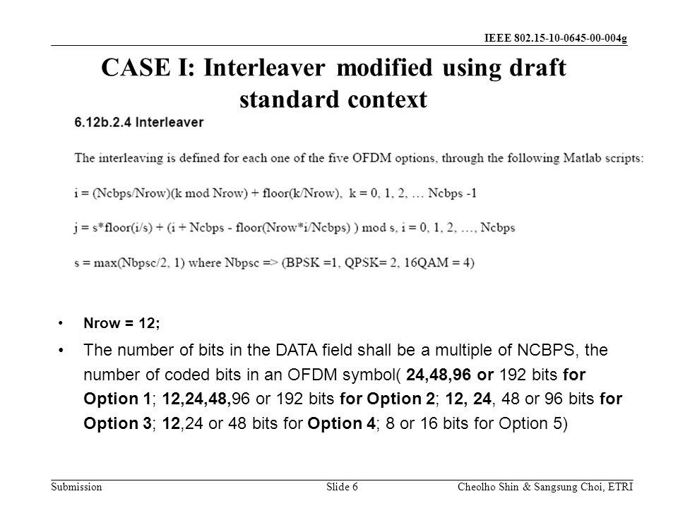 Submission Cheolho Shin & Sangsung Choi, ETRI IEEE g Nrow = 12; The number of bits in the DATA field shall be a multiple of NCBPS, the number of coded bits in an OFDM symbol( 24,48,96 or 192 bits for Option 1; 12,24,48,96 or 192 bits for Option 2; 12, 24, 48 or 96 bits for Option 3; 12,24 or 48 bits for Option 4; 8 or 16 bits for Option 5) CASE I: Interleaver modified using draft standard context Slide 6