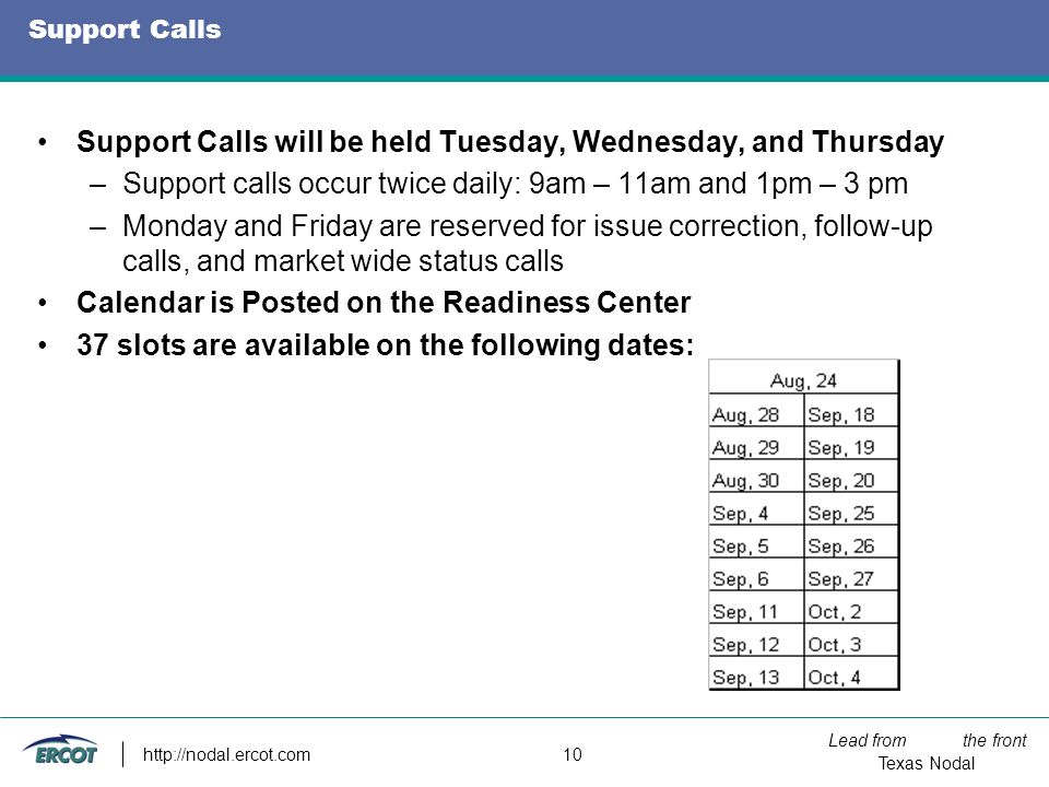 Lead from the front Texas Nodal   10 Support Calls Support Calls will be held Tuesday, Wednesday, and Thursday –Support calls occur twice daily: 9am – 11am and 1pm – 3 pm –Monday and Friday are reserved for issue correction, follow-up calls, and market wide status calls Calendar is Posted on the Readiness Center 37 slots are available on the following dates: