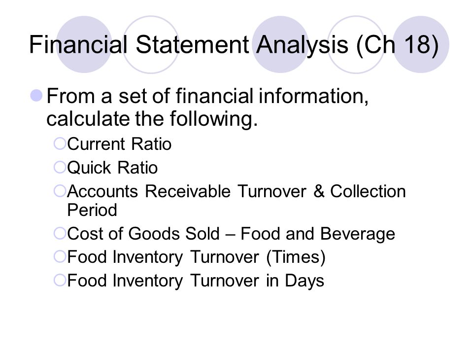 Financial Statement Analysis (Ch 18) From a set of financial information, calculate the following.