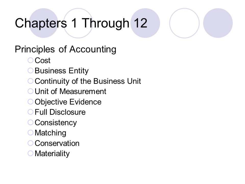 Chapters 1 Through 12 Principles of Accounting  Cost  Business Entity  Continuity of the Business Unit  Unit of Measurement  Objective Evidence  Full Disclosure  Consistency  Matching  Conservation  Materiality