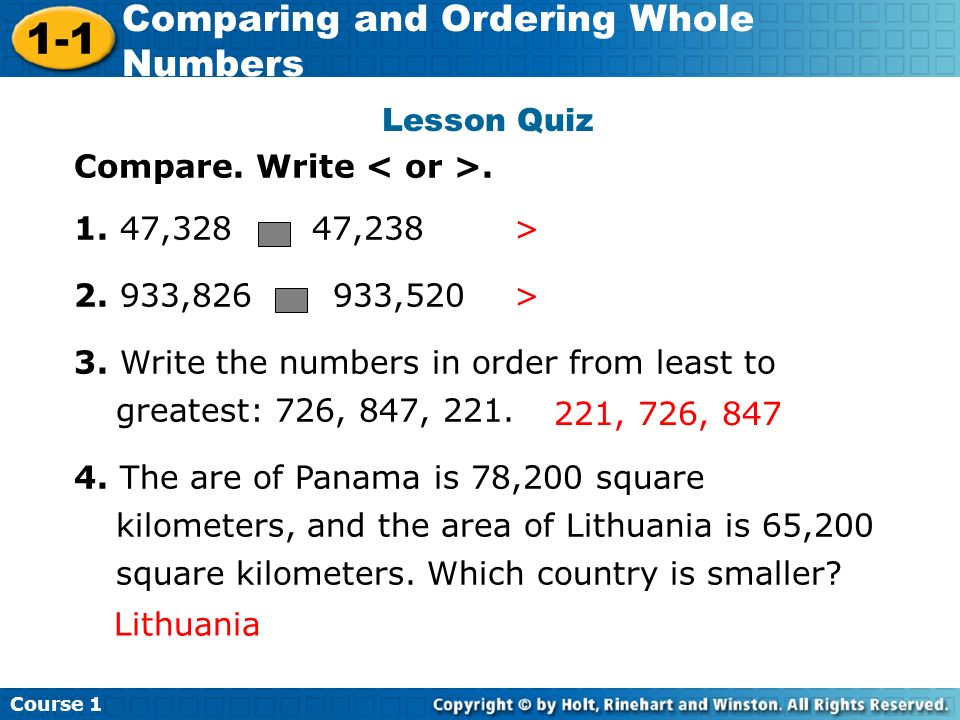 Lesson Quiz Compare. Write ,328 47,