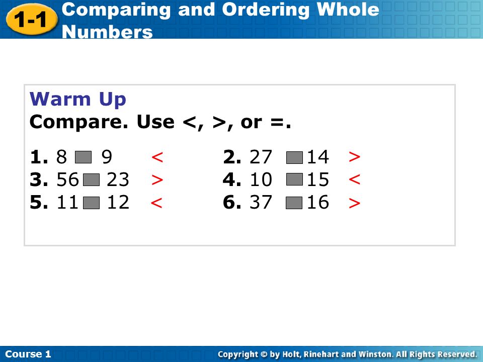 Warm Up Compare. Use, or =