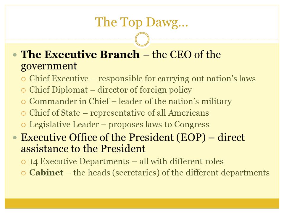 The Top Dawg… The Executive Branch – the CEO of the government  Chief Executive – responsible for carrying out nation’s laws  Chief Diplomat – director of foreign policy  Commander in Chief – leader of the nation’s military  Chief of State – representative of all Americans  Legislative Leader – proposes laws to Congress Executive Office of the President (EOP) – direct assistance to the President  14 Executive Departments – all with different roles  Cabinet – the heads (secretaries) of the different departments
