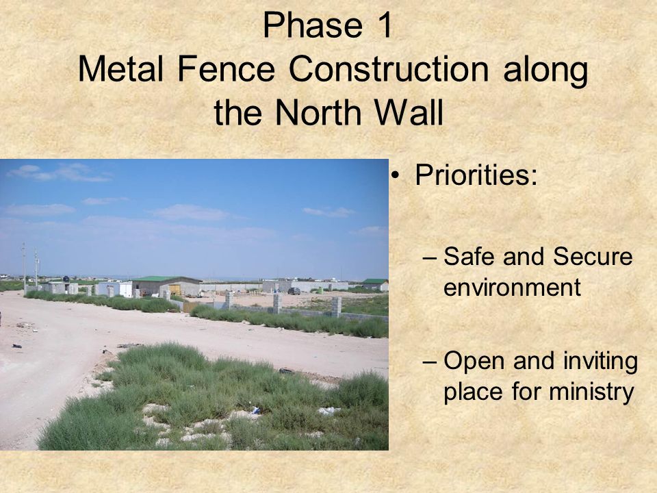 Phase 1 Metal Fence Construction along the North Wall Priorities: –Safe and Secure environment –Open and inviting place for ministry