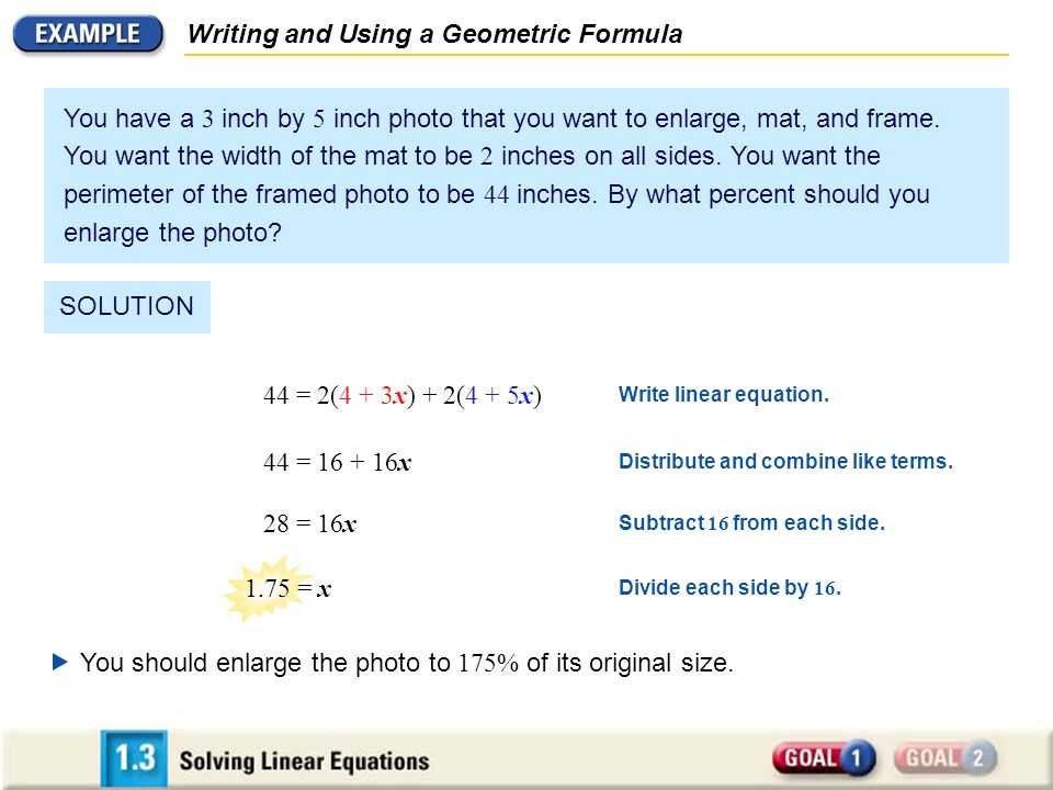 44 = 2(4 + 3x) + 2(4 + 5x) Write linear equation. Distribute and combine like terms.