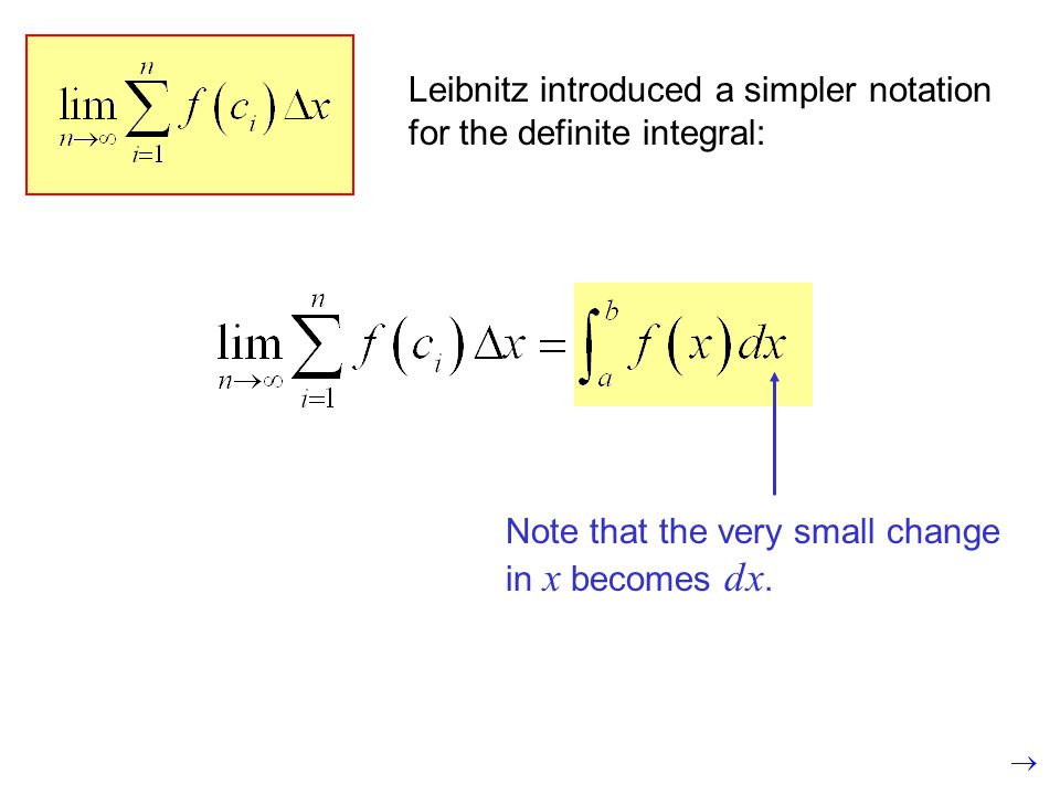 Leibnitz introduced a simpler notation for the definite integral: Note that the very small change in x becomes dx.