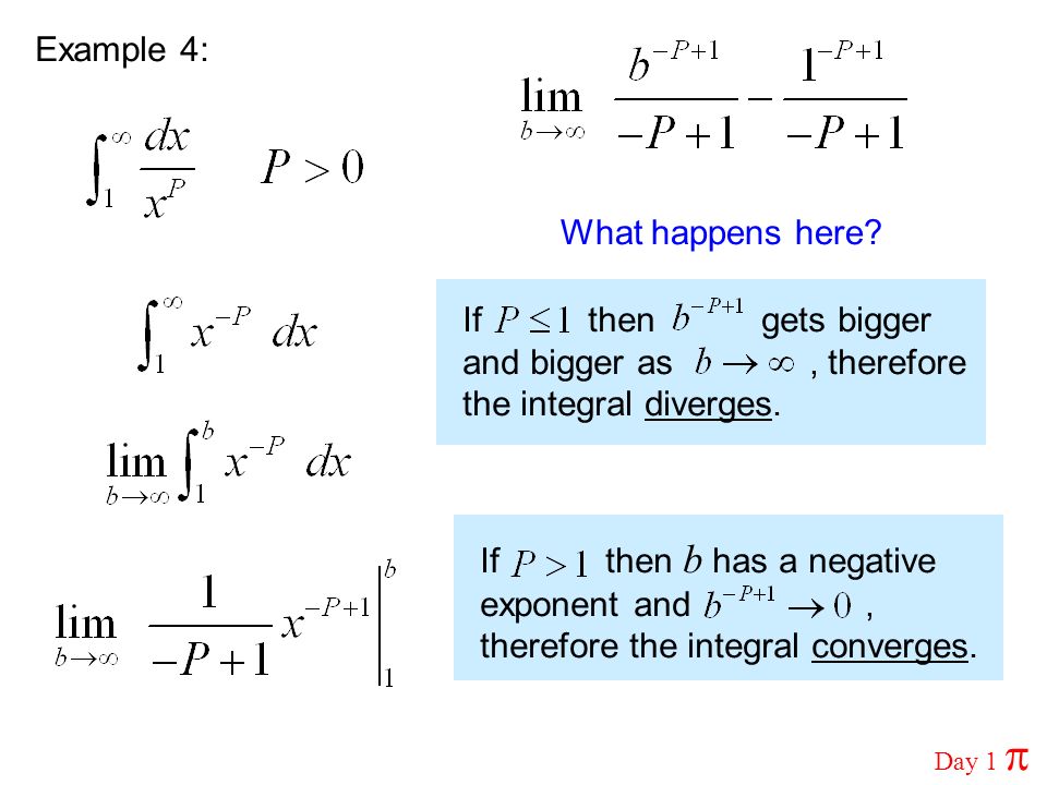 Example 4: What happens here. If then gets bigger and bigger as, therefore the integral diverges.