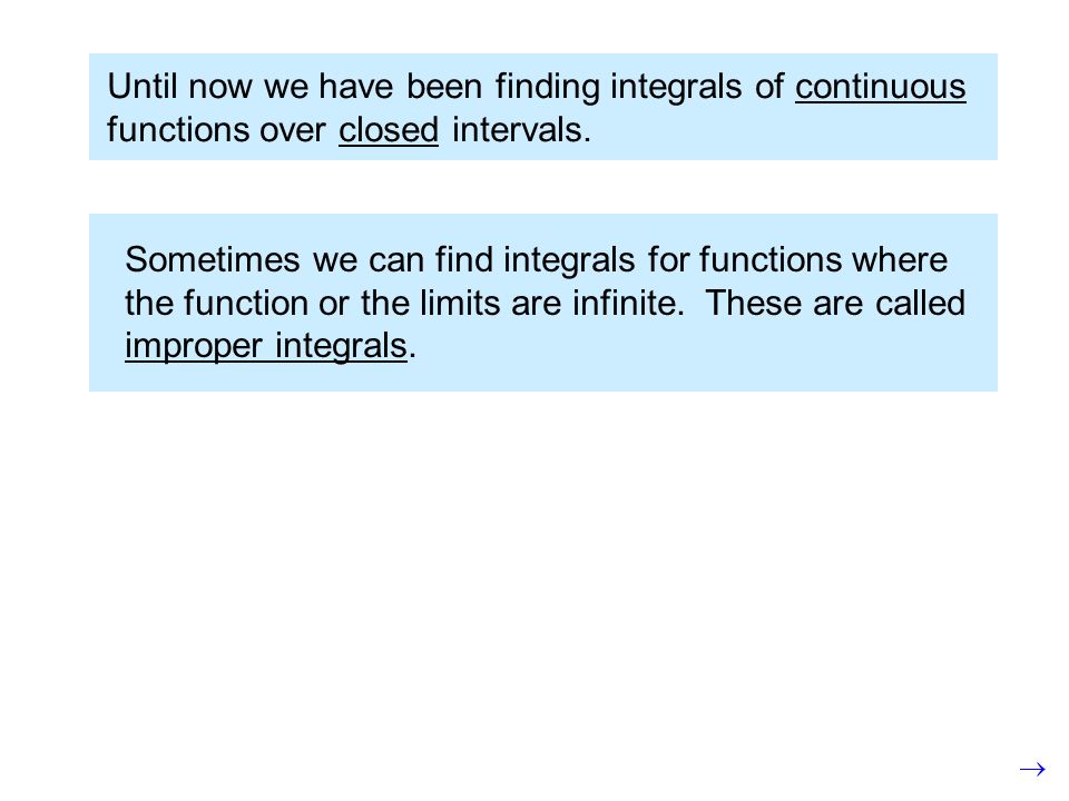 Until now we have been finding integrals of continuous functions over closed intervals.
