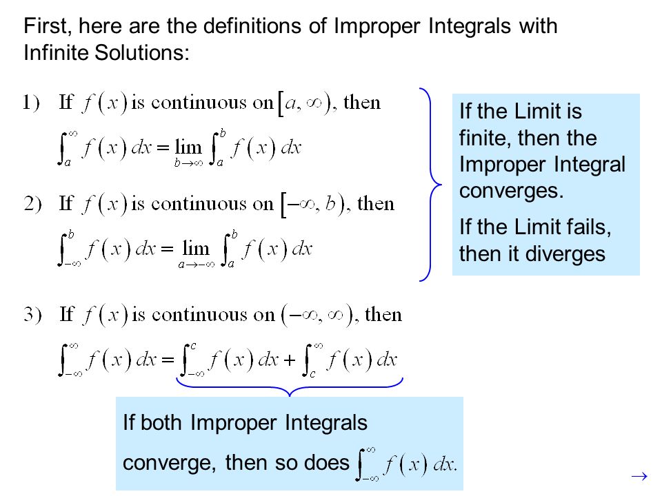First, here are the definitions of Improper Integrals with Infinite Solutions: If the Limit is finite, then the Improper Integral converges.