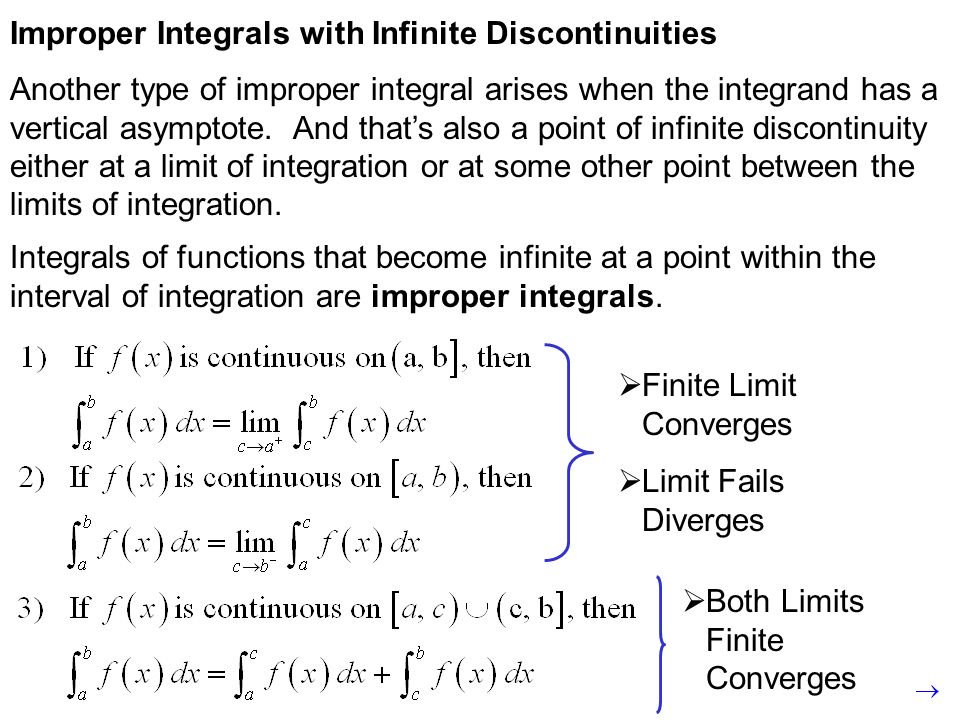Improper Integrals with Infinite Discontinuities Integrals of functions that become infinite at a point within the interval of integration are improper integrals.