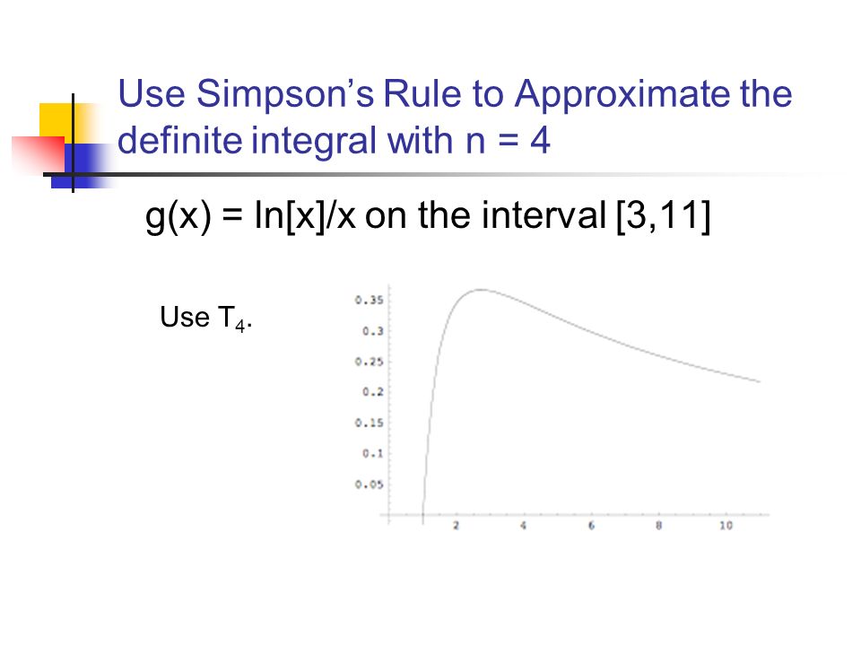 Use Simpson’s Rule to Approximate the definite integral with n = 4 g(x) = ln[x]/x on the interval [3,11] Use T 4.