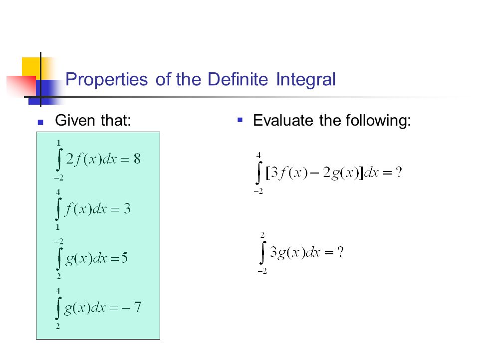 Properties of the Definite Integral Given that:  Evaluate the following: