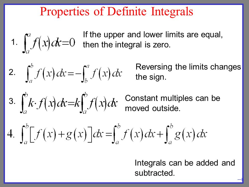 1. If the upper and lower limits are equal, then the integral is zero.