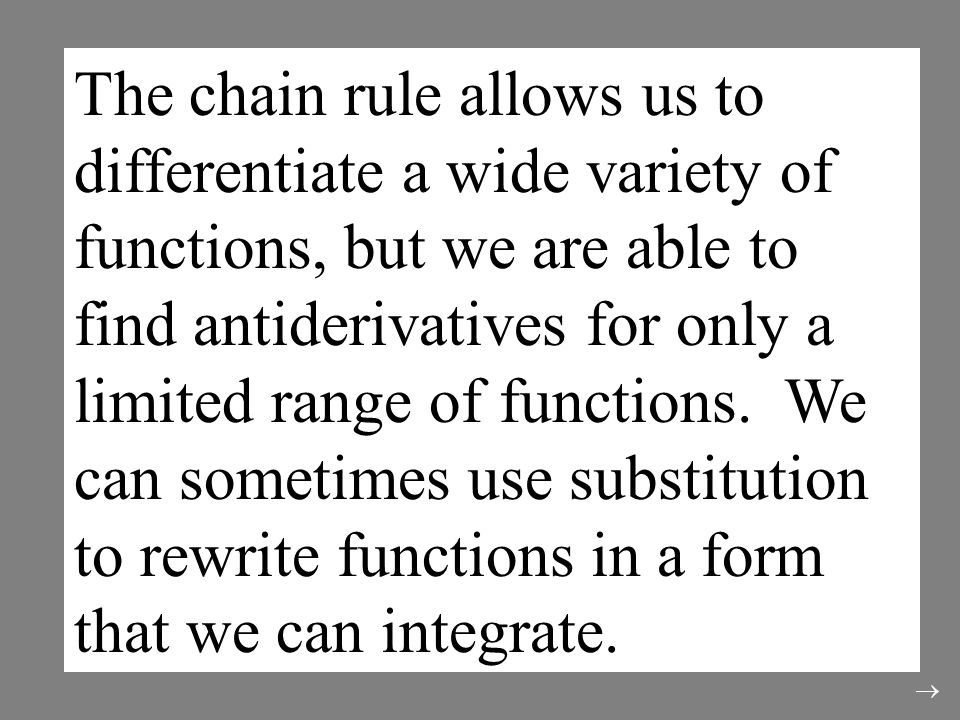 The chain rule allows us to differentiate a wide variety of functions, but we are able to find antiderivatives for only a limited range of functions.