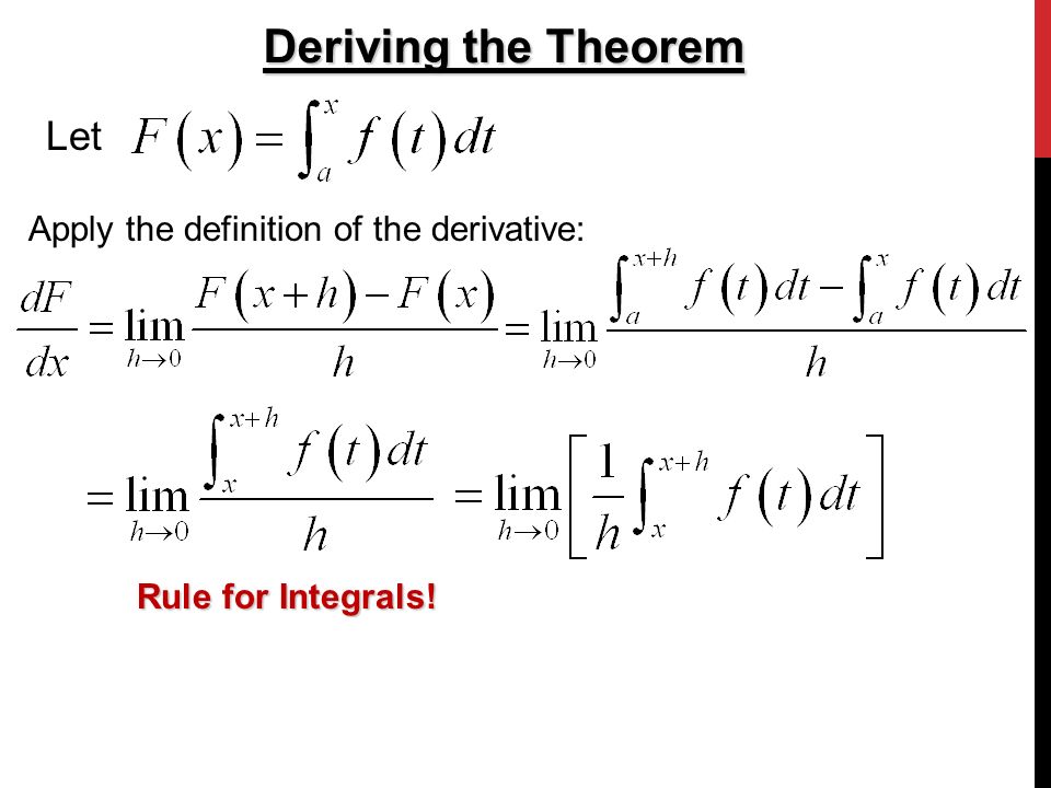 Deriving the Theorem Let Apply the definition of the derivative: Rule for Integrals!