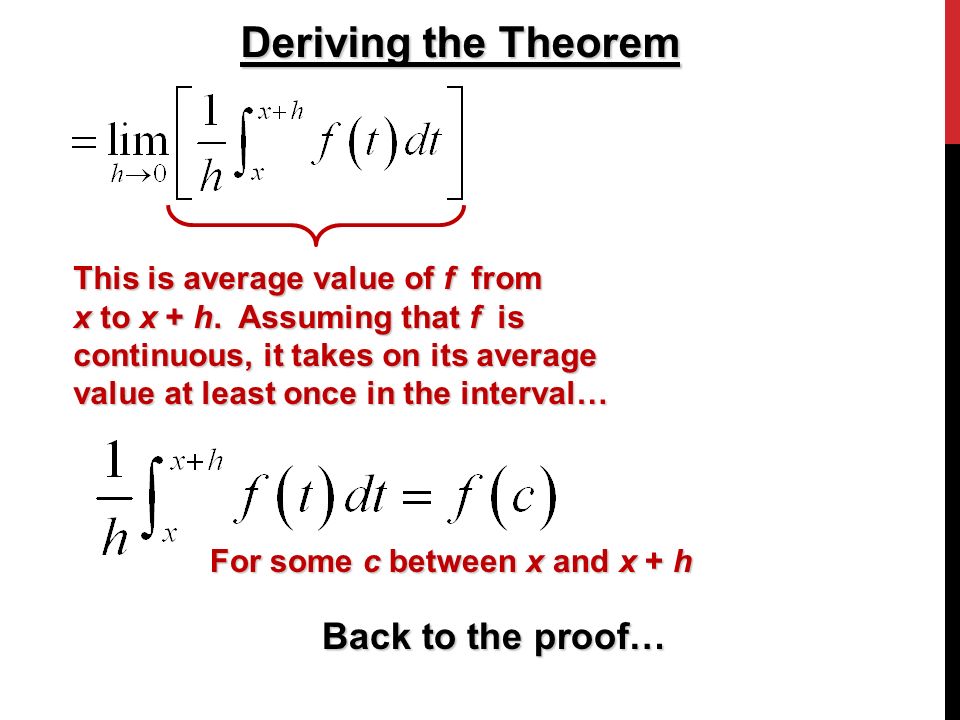 Deriving the Theorem This is average value of f from x to x + h.