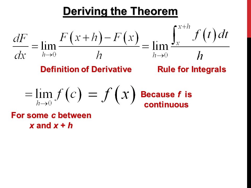 Deriving the Theorem Definition of Derivative Rule for Integrals For some c between x and x + h Because f is continuous